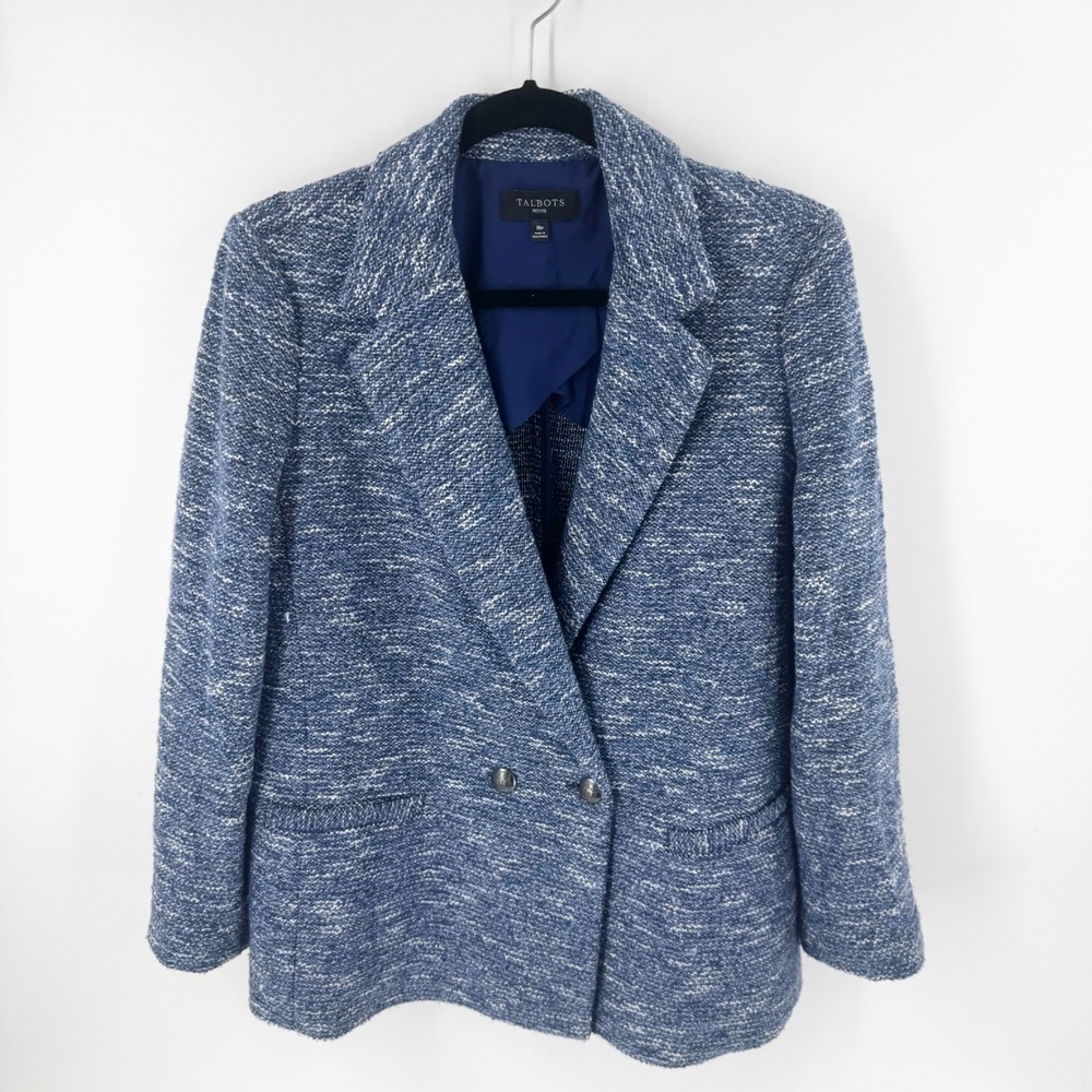 Talbots Petite Blue White Tweed Double Breasted Blazer Jacket 16P PH5090